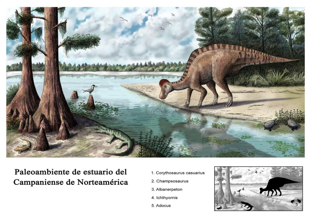 Corythosaurus casuarius en su ambiente