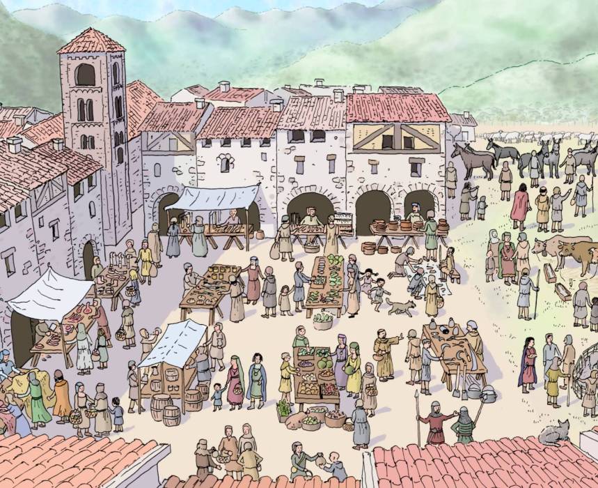 Reconstrucción de un mercado en un poblado medi. Cartel para exposición en pont de Suert.